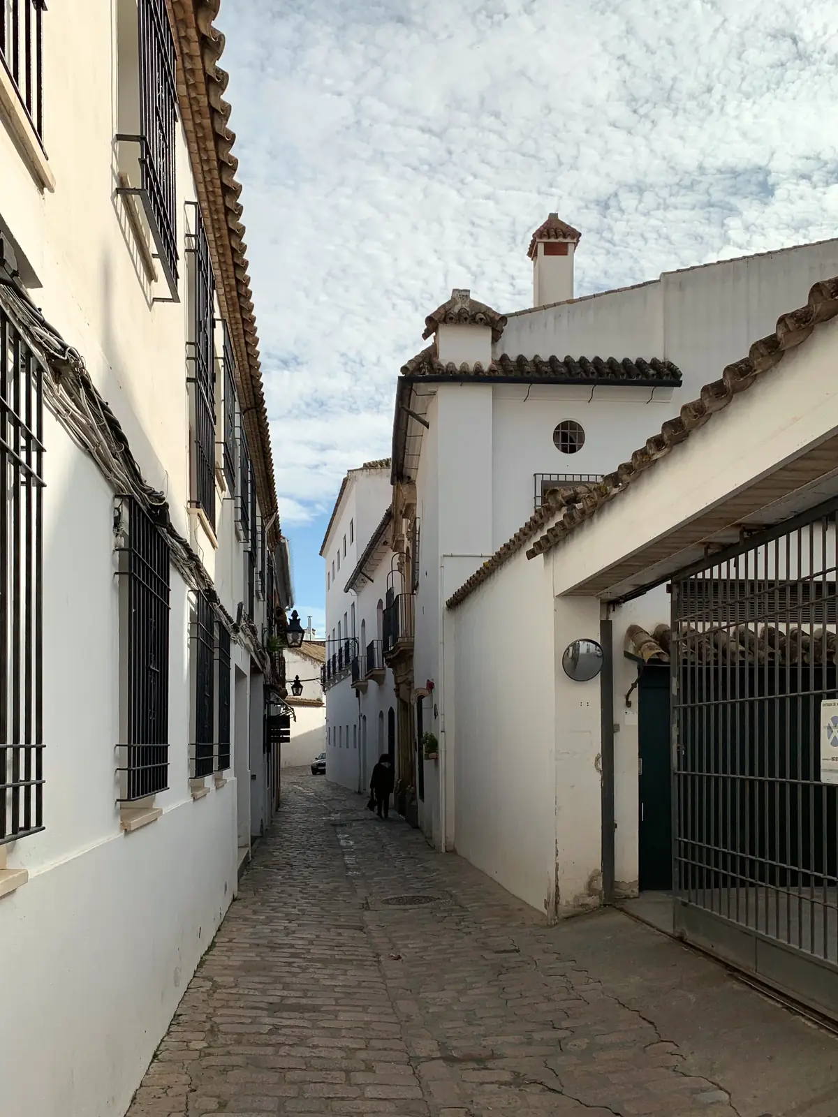 Calle estrecha de casco antiguo con fachadas blancas y comercios