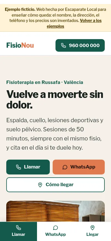 Captura en un móvil de la web de ejemplo de Fisio Nou, con los botones de llamar, WhatsApp y cómo llegar