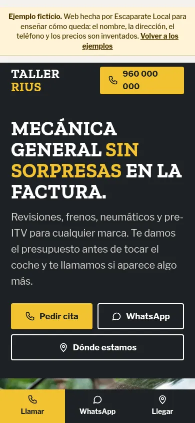 Web de ejemplo de Taller Rius en un móvil